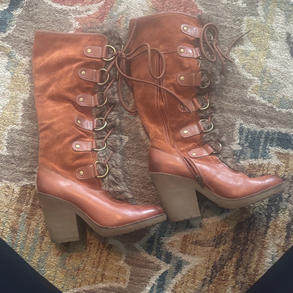 Lucky Brand Brown Heeled Boots with Fur Detail